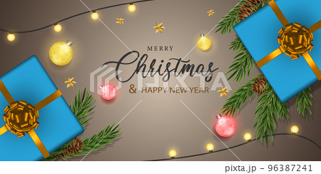 Merry Christmas and Happy New Year pine leaf gold red ball starsblue gift box on soft brown design for holiday festival celebration 96387241