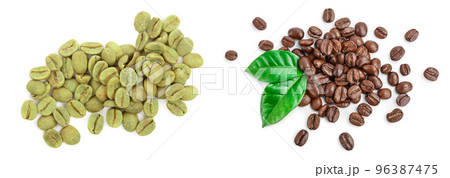 green and roasted coffee beans isolated on white background close up. Top view. Flat lay 96387475