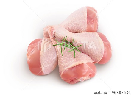 Raw chicken leg or drumstick isolated on white background with full depth of field. Top view. Flat lay 96387636