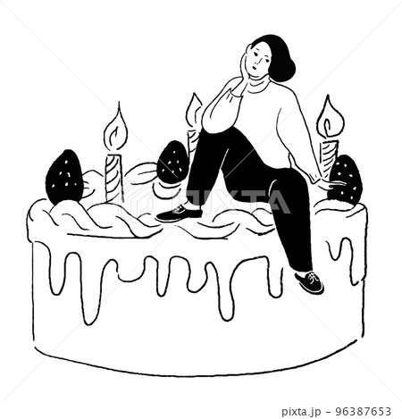 ケーキの上で座って考えている女性の線画 ケーキの上で座って考えている女性の線画 96387653
