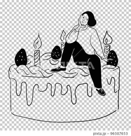 一個女人坐在蛋糕上思考的線條畫 96387653