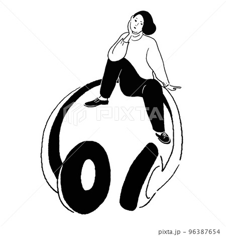 ヘッドフォンの上で座って考えている女性の線画 ヘッドフォンの上で座って考えている女性の線画 96387654