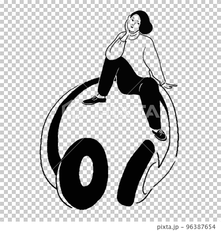 ヘッドフォンの上で座って考えている女性の線画 ヘッドフォンの上で座って考えている女性の線画 96387654