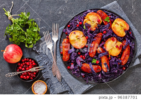 Seared Sausage, Red Cabbage and Apples on plate Seared Sausage, Red Cabbage and Apples on plate 96387701