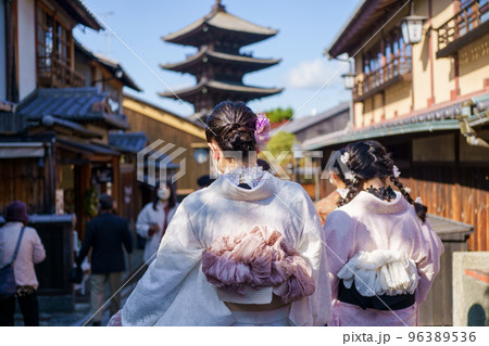 Young girl wearing Japanese kimono standing in Kyoto, Japan. Kimono is a Japanese traditional garment. The word "kimono", which actually means a "thing to wear" Young girl wearing Japanese kimono standing in Kyoto, Japan. Kimono is a Japanese traditional garment. The word "kimono", which actually means a "thing to wear" 96389536