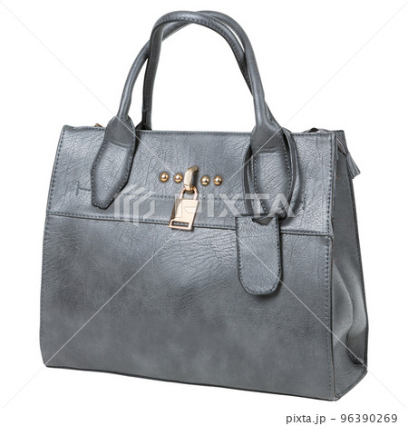 Gray women's leather bag with a decoration in the form of a golden padlock, on a white background Gray women's leather bag with a decoration in the form of a golden padlock, on a white background 96390269