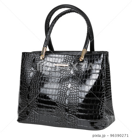 Black lacquered women's bag made of reptile skin, with two handles, on a white background Black lacquered women's bag made of reptile skin, with two handles, on a white background 96390271