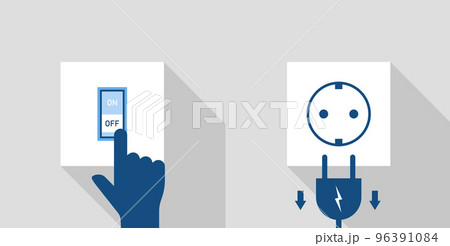 Saving energy, hand turning off the lights, electric switch, wall outlet and plug, energy efficiency, vector 96391084