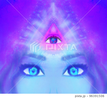 Woman with third eye, psychic supernatural senses - close-up on the eyes Woman with third eye, psychic supernatural senses - close-up on the eyes 96391506