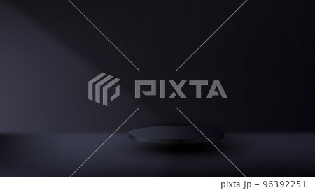 3D realistic black pedestal podium floating in air on dark scene studio room background 96392251