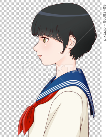 側身微笑女學生的彩色插圖,短髮,頭髮 = 黑色,絲帶 = 紅色 側身微笑女學生的彩色插圖,短髮,頭髮 = 黑色,絲帶 = 紅色 96392409