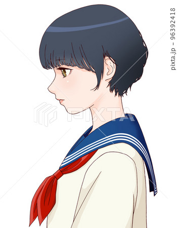 うつむき加減な横向きの女学生のカラーイラスト　ショートヘア　リボン=赤 96392418