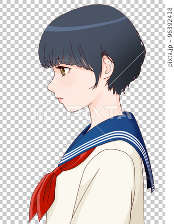 一個側身女學生的彩色插圖，頭朝下，短髮絲帶 = 紅色 96392418