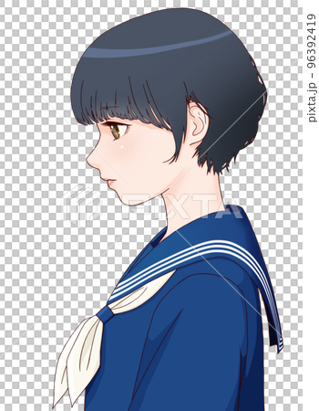 一個側身女學生的彩色插圖，頭朝下，短髮絲帶 = 白色 96392419