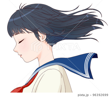 目をつぶり、髪が風になびく横向きの女学生のカラーイラスト　ロングヘア　リボン=赤 96392699