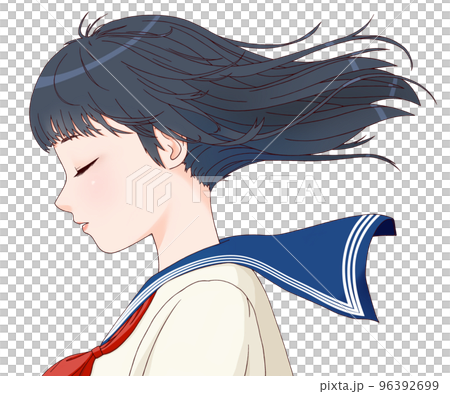 閉著眼睛頭髮隨風飄揚的側身女學生彩色插畫長髮絲帶=紅色 96392699