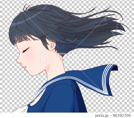 側身女學生彩色插畫閉眼頭髮隨風飄揚長髮絲帶=白 96392700