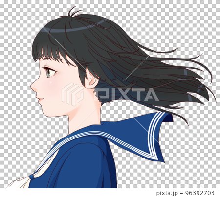 一個微笑的女學生的彩色插圖，她的頭髮在風中飄揚，長發，黑髮，白絲帶 96392703