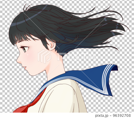 一名側身女學生的彩色插圖，頭髮在風中飄揚，長發，黑髮，紅絲帶 96392708