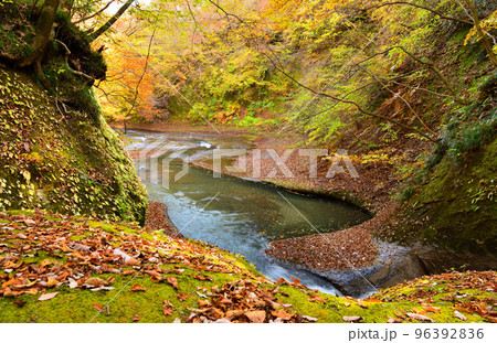 秋の紅葉に染まる白河と黒土川 96392836