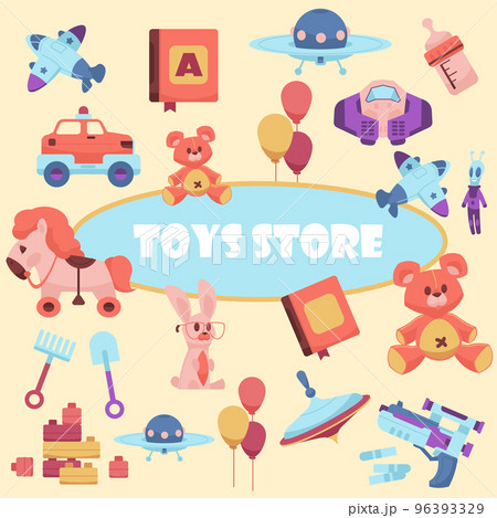 Cute toys. Cartoon playthings for children. Balloons and plush animals, dolls or machines. Alphabet book. Pistol with cartridges. Construction blocks. Kids store. Vector objects set Cute toys. Cartoon playthings for children. Balloons and plush animals, dolls or machines. Alphabet book. Pistol with cartridges. Construction blocks. Kids store. Vector objects set 96393329