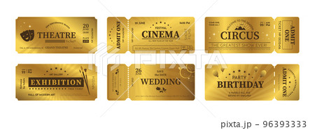 Vintage old ticket. Golden coupon template. Theatre or cinema entry pass. Movie event admit. Circus or exhibition card design with separation line. Vector party admission badges set 96393333