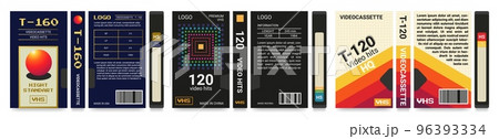 Retro VHS 80s tapes. Video cassette in nostalgia style. Glitch alphabet text. Old television screen. Film reel packaging. Movie recorder label cover template. Vector design posters set Retro VHS 80s tapes. Video cassette in nostalgia style. Glitch alphabet text. Old television screen. Film reel packaging. Movie recorder label cover template. Vector design posters set 96393334