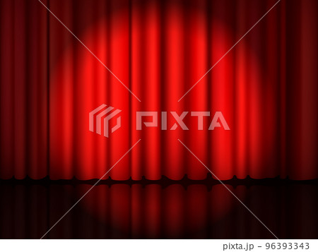 Red closed curtains. Theatre stage. Concert show or theater scene. Opera backdrop. Spotlight illuminated circle. Scarlet drapery with folds. Presentation background. Vector illustration Red closed curtains. Theatre stage. Concert show or theater scene. Opera backdrop. Spotlight illuminated circle. Scarlet drapery with folds. Presentation background. Vector illustration 96393343