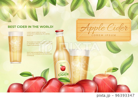 Apple cider. Ad label. Whole red fruits and glass bottle. Drink refreshing beer. Hang tree. Sparkling leaves. Commercial advertising. Alcohol beverage. Vector realistic design template 96393347