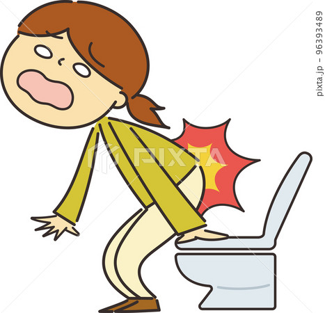 トイレから立ち上がったら、腰に痛みが走った女性のイラスト トイレから立ち上がったら、腰に痛みが走った女性のイラスト 96393489