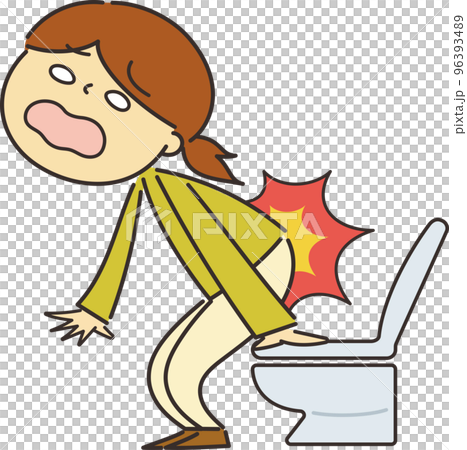 トイレから立ち上がったら、腰に痛みが走った女性のイラスト トイレから立ち上がったら、腰に痛みが走った女性のイラスト 96393489