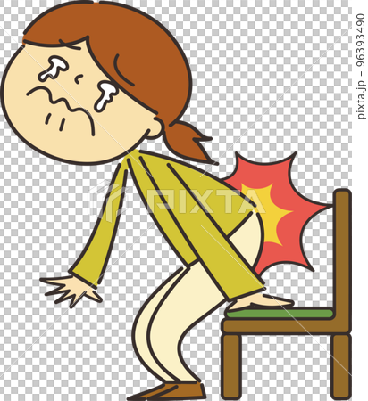 Illustration of a woman with pain in her lower back when she got up from a chair 96393490