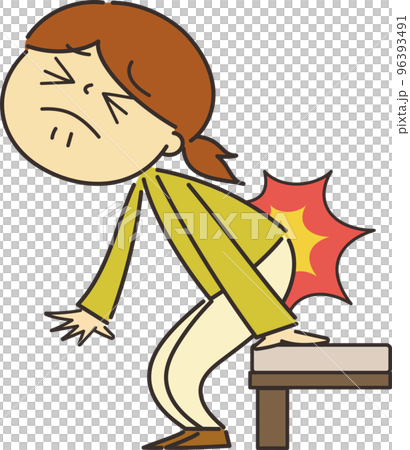 Illustration of a woman with pain in her lower back when she got up from bed Illustration of a woman with pain in her lower back when she got up from bed 96393491