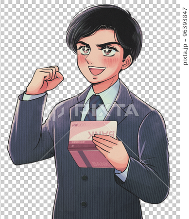 レトロ漫画風・通帳を見てガッツポーズをするサラリーマン 96393847