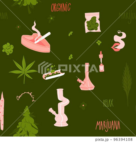 Hand drawn vector abstract graphic clipart illustration of Medical Marijuana,smoking accessories.Hemp and joint for smoking.Cannabis and weed legalization concept design.Trendy seamless pattern design 96394108