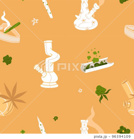 Hand drawn vector abstract graphic clipart illustration of Medical Marijuana,smoking accessories.Hemp and joint for smoking.Cannabis and weed legalization concept design.Trendy seamless pattern design 96394109