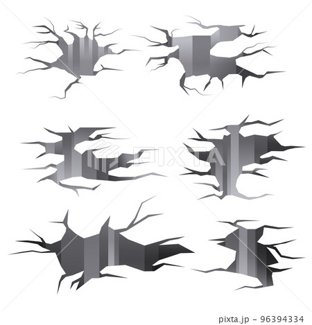 Ground cracks set. Earthquake and ground cracks, hole effect, craquelure and damaged wall texture. 3D holes and fissures in concrete, destructed fractured wall. Broken surface templates set. 96394334