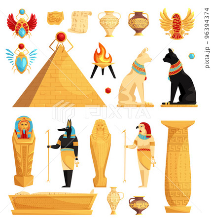 Egyptian hieroglyph and symbol. Ancient culture sing and symbol. Egypt culture set vector isolated icons of gods and sacred animals 96394374