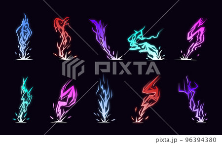 Lightning animation set with sparks. Cartoon lightning effect. Thunderbolt strike comic sprite asses for 2D game 96394380
