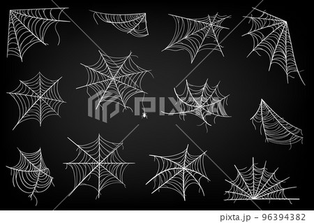 Cobweb set on dark background. Spider web elements design. Spooky Halloween cobwebs with spiders. Outline vector illustration Cobweb set on dark background. Spider web elements design. Spooky Halloween cobwebs with spiders. Outline vector illustration 96394382