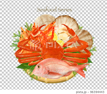 奢侈海鮮拼盤-海鮮系列冬季味道插畫手繪套裝素材 96394443
