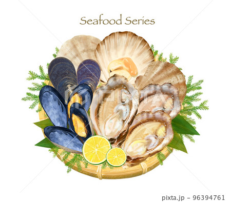 豪華海の幸盛り合わせー貝ーシーフードシリーズのイラスト手描きセット素材 96394761