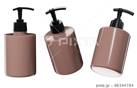 Cosmetic dispenser mockup 3D render, brown plastic care product bottle template isolated on white background Cosmetic dispenser mockup 3D render, brown plastic care product bottle template isolated on white background 96394784