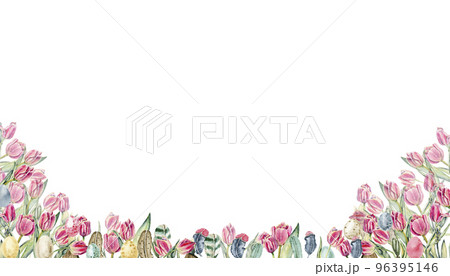 Floral seamless horizontal border with pink flowers, green leaves and plants, tulips. Watercolor pattern on a white background, panoramic illustration of a spring meadow.Perfect for for postcards. 96395146