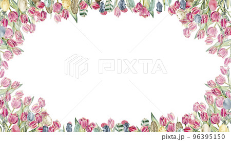 Floral seamless horizontal border with pink flowers, green leaves and plants, tulips. Watercolor pattern on a white background, panoramic illustration of a spring meadow.Perfect for for postcards. Floral seamless horizontal border with pink flowers, green leaves and plants, tulips. Watercolor pattern on a white background, panoramic illustration of a spring meadow.Perfect for for postcards. 96395150