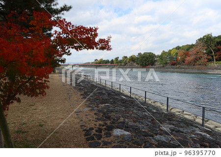 日本の観光地：中の島から見た宇治川と朝霧橋の風景　 96395770