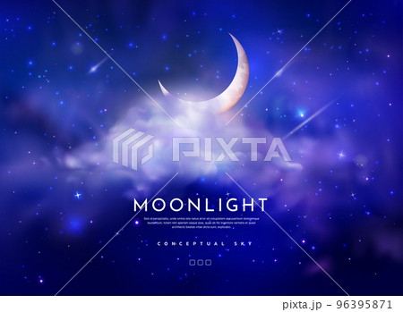 Night moon sky. Glowing stars and clouds. Half crescent. Summer dark blue moonlight. Eclipse backdrop. Romantic evening scene. Space galaxy. Midnight heaven panorama. Vector design exact background Night moon sky. Glowing stars and clouds. Half crescent. Summer dark blue moonlight. Eclipse backdrop. Romantic evening scene. Space galaxy. Midnight heaven panorama. Vector design exact background 96395871