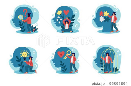 Mental health. Positive psychology mind. Stress or sick emotions. Self care or meditation. Happy woman and human big head. Brain wellness and balance. Vector cartoon tidy psychotherapy concepts set Mental health. Positive psychology mind. Stress or sick emotions. Self care or meditation. Happy woman and human big head. Brain wellness and balance. Vector cartoon tidy psychotherapy concepts set 96395894