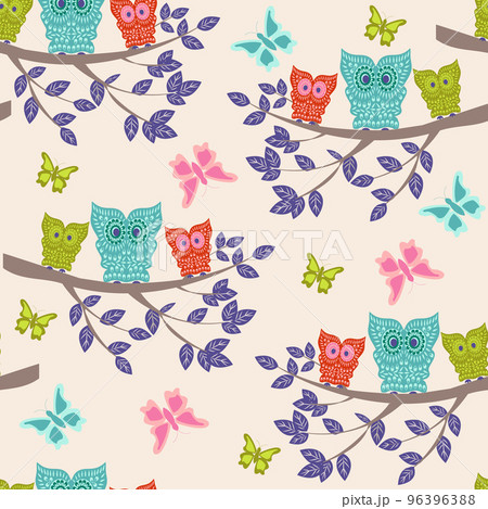 childish pattern with cartoon owls and butterflies. 96396388