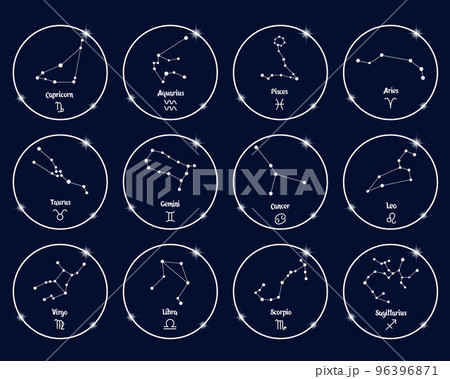 Constellations of zodiac signs in white shiny circles, set. White outline on a blue background. Icons, vector Constellations of zodiac signs in white shiny circles, set. White outline on a blue background. Icons, vector 96396871